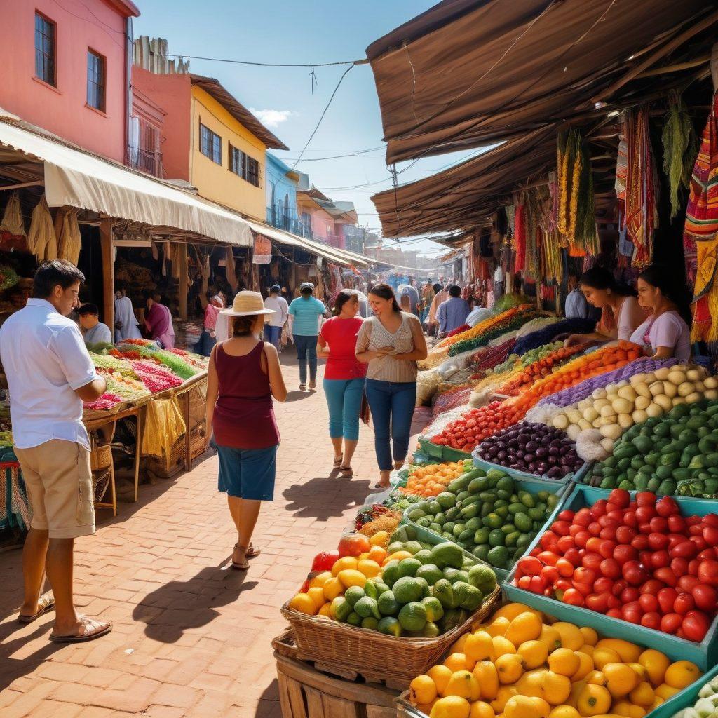 A colorful market scene in Paraguay bustling with shoppers, showcasing local vendors selling fresh produce, crafts, and textiles. Include a couple examining product reviews on their phones while contrasting price tags and highlighted discounts visible on the stalls. In the background, display iconic Paraguayan landmarks to evoke the local spirit. vibrant colors. super-realistic. subtle cultural elements.