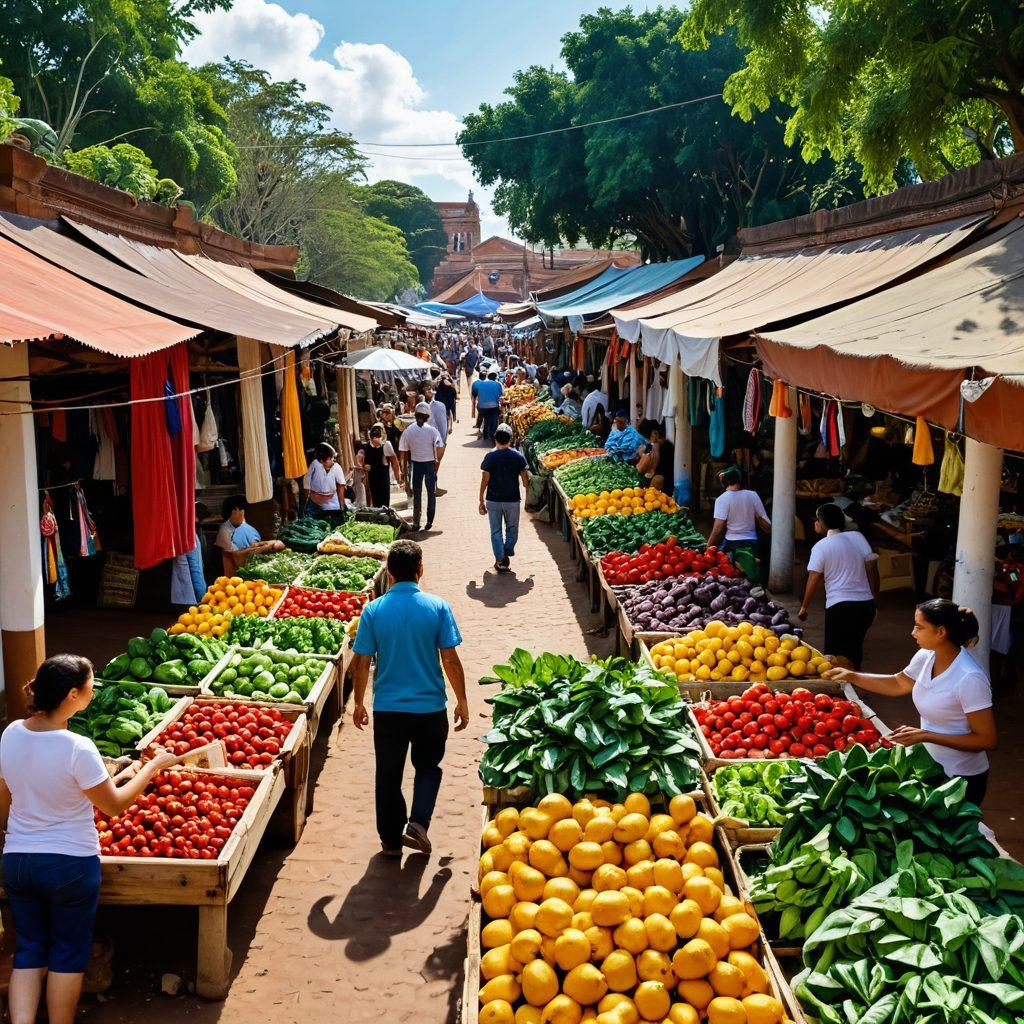 A bustling Paraguayan marketplace filled with colorful stalls showcasing fresh produce, local crafts, and unique goods. Include a diverse group of shoppers engaging in smart shopping practices, like comparing prices and checking quality. The background should feature traditional architecture and lush greenery, symbolizing the vibrant culture of Paraguay. super-realistic. vibrant colors.